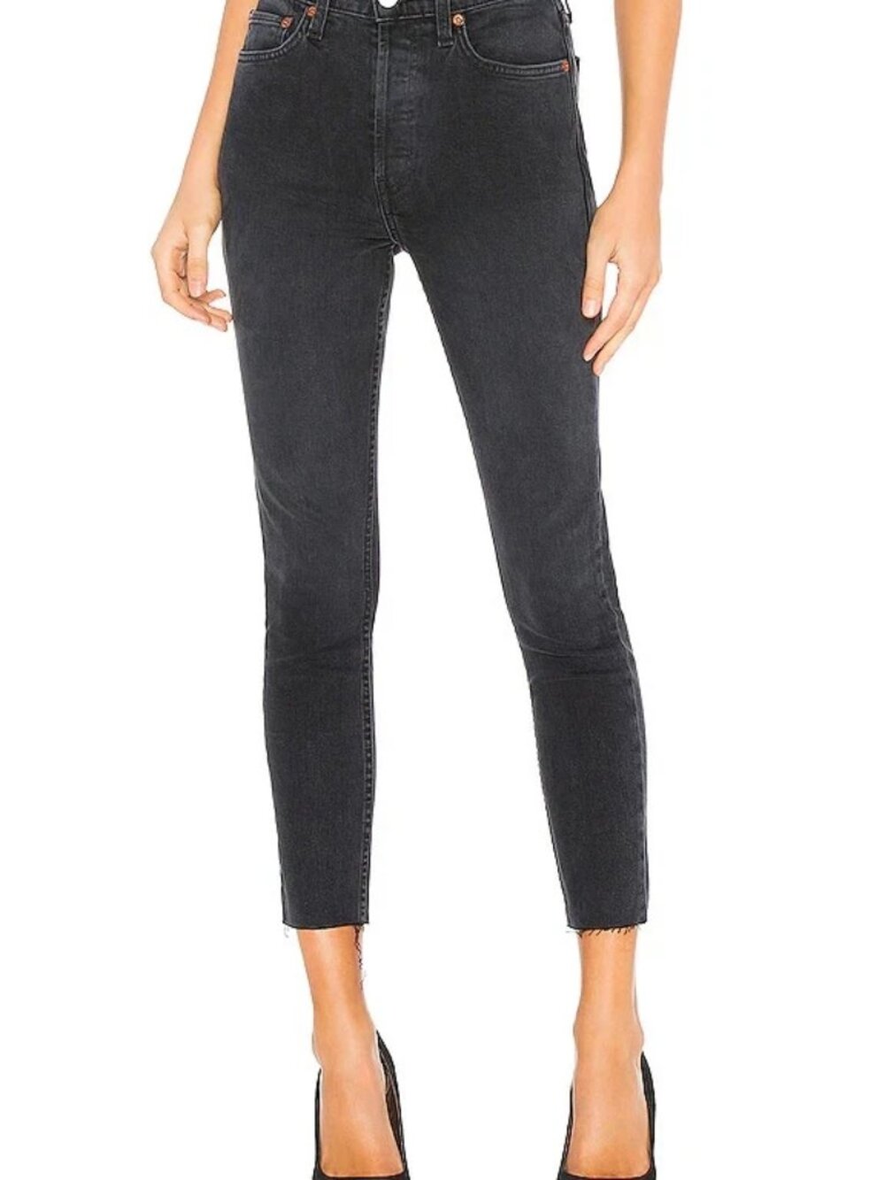 Re/Done Originals 90s High Rise Ankle Crop Jeans Faded Stone Black Button Fly 27